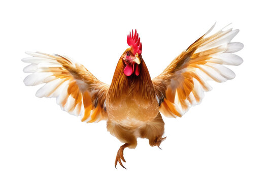 a high quality stock photograph of a single jumping happy chicken isolated on a white background