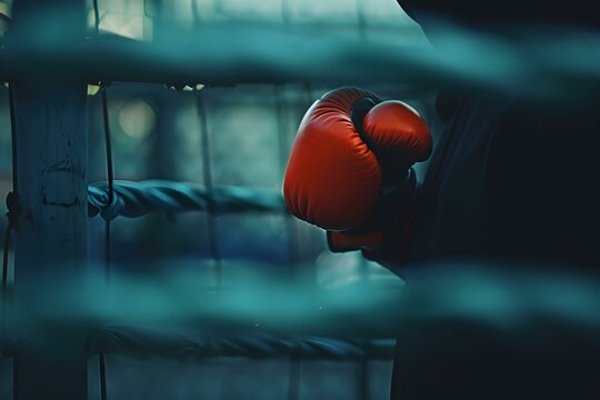Boxer in red gloves prepared for match in boxing ring setting. Concept Sports, Boxing, Fitness, Training, Competition