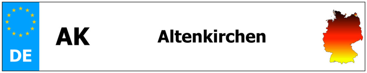 Altenkirchen car licence plate sticker name and map of Germany. Vehicle registration plates frames German number