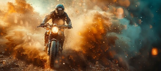 A fearless rider navigates through treacherous terrain on their trusty motorcycle, in a thrilling action-packed adventure game brought to life in this dynamic action film - obrazy, fototapety, plakaty