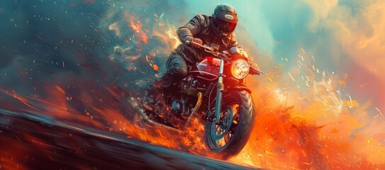 A fearless rider ignites the road with his blazing motorcycle, a symbol of speed, passion, and adrenaline - obrazy, fototapety, plakaty