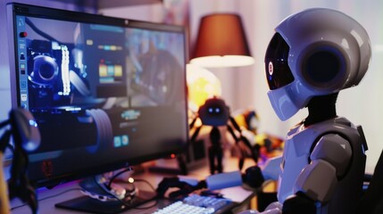 Futuristic Robot Engaged in Video Editing on a High-End Computer Setup in a Modern Workspace with Ambient Lighting