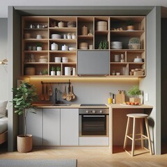 Modern Kitchen Interior with Elegant Wooden Shelving, Stylish Appliances, and Decorative Plants.