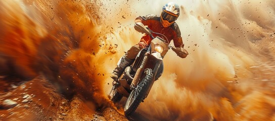 An adrenaline-fueled motorcyclist expertly navigates their dirt bike through rugged terrain, pushing the limits of speed and skill in a thrilling display of extreme offroading