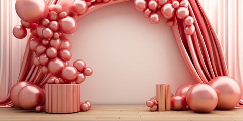 pink with golden curtain birthday stage with baloons frames - obrazy, fototapety, plakaty