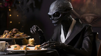 realistic alien dressed in black eating mexican sweet bread from a crafty table while being on a movie set - obrazy, fototapety, plakaty