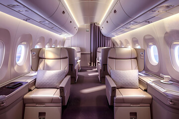 Airplane cabin and empty comfortable seats in first class or business class. Luxury inside of plane.