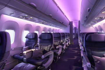 Airplane cabin and empty comfortable seats in economy class.