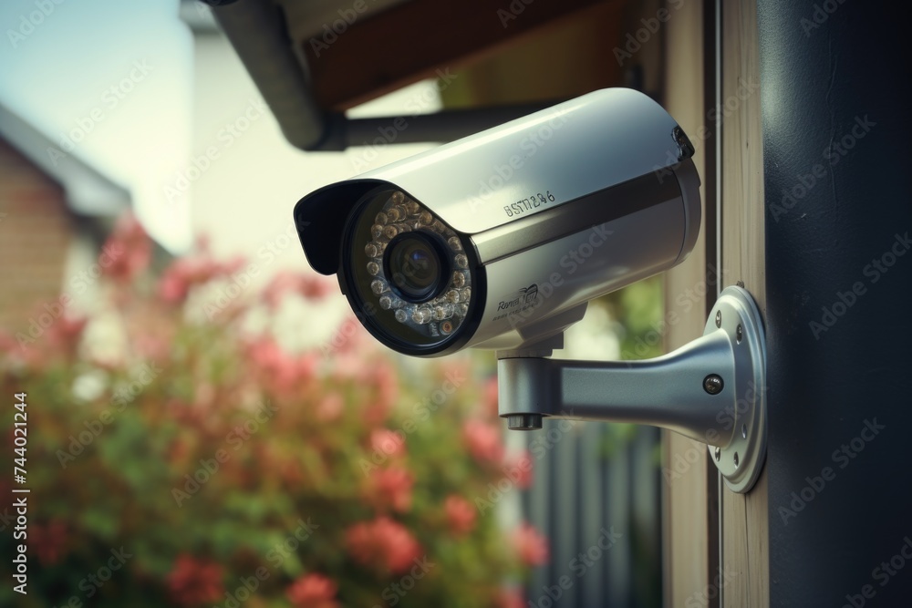 Poster security camera mounted on building wall, suitable for surveillance concepts