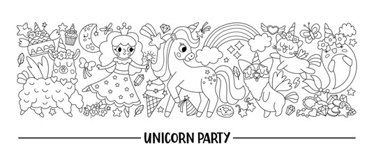 Vector horizontal black and white set with cute characters for unicorn party. Fairytale line card template design for banners, invitations, postcards. Magic fantasy world border coloring page. © Lexi Claus