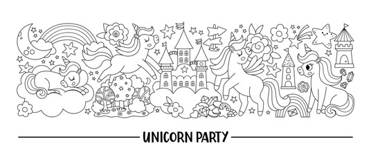 Vector black and white horizontal set with cute characters for unicorn party. Fairytale line card template design for banners, invitations, postcards. Fantasy world border or coloring page. © Lexi Claus