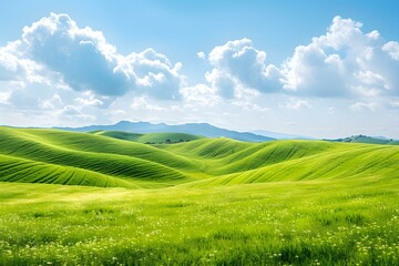 A scenic landscape featuring vibrant green rolling hills under blue skies. Concept Nature Photography, Landscape Inspiration, Colorful Outdoors, Serene Horizon, Vibrant Skies - obrazy, fototapety, plakaty