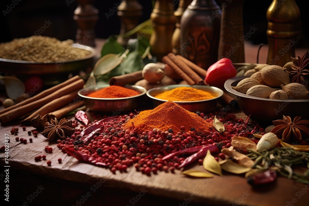 Poster various types of spices displayed on a table, ideal for culinary concepts