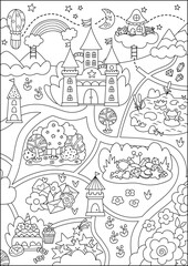 Unicorn black and white village map. Fairytale line background. Vector magic country coloring page with castle, rainbow, forest, pond, road. Fantasy world plan with fallen stars, treasures, sweets.