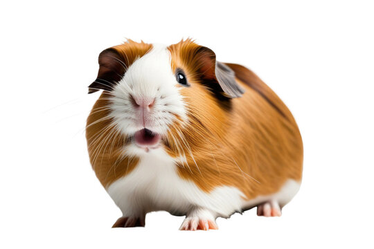 a high quality stock photograph of a single happy guinea pig isolated on a white background