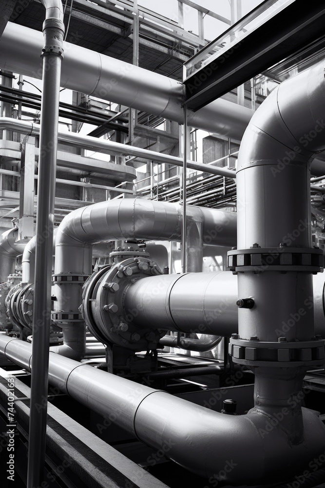 Poster Black and white photo of pipes and pipelines. Suitable for industrial and engineering concepts