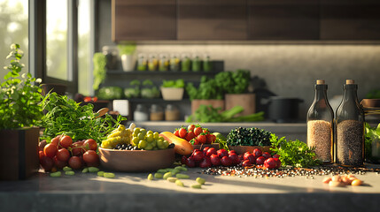 Sunlit Kitchen Counter with Healthy Greens and Fruits