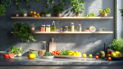 Modern Kitchen Counter With Fresh Produce and Sunlight