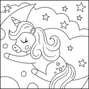 Vector black and white square background with unicorn sleeping on half moon under stars. Magic or fantasy world line scene. Fairytale landscape coloring page. Cute night sky illustration.