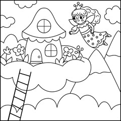 Vector black and white square background with fairy princess flying to her house on cloud. Magic or fantasy world line scene. Fairytale landscape or coloring page. Cute illustration for kids .