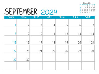 Calendar 2024 year. September 2024 planner. Daily planner. September. Desctop calendar design. 2024 month planner. Life or business planning. Place for notes. Printable template.