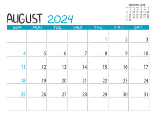 Calendar 2024 year. August 2024 planner. Daily planner. Desctop calendar design. 2024 month planner. August. Life or business planning. Place for notes. Printable template.