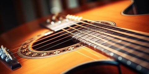 Close up of an acoustic guitar on a table. Suitable for music related designs