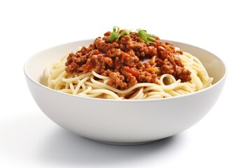 A white bowl filled with spaghetti and meat. Suitable for food concepts