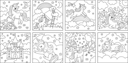 Vector black and white unicorn scenes set. Square backgrounds collection with little horse. Fantasy world line illustrations with rainbow, castle, magic forest, half moon, cloud, garden.