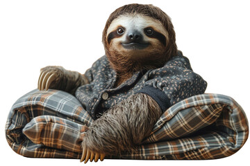 A sloth wearing a pajama and a pillow on a transparent background, PNG format. This PNG file, with...