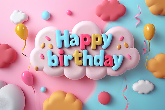 Happy Birthday greeting card cartoon party in 3d style on background.