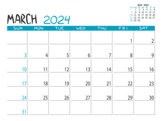 Calendar 2024 year. March 2024 planner. Daily planner. Desctop calendar design. March. 2024 month planner. Life or business planning. Place for notes. Printable template.