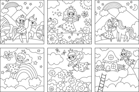 Vector black and white fairy scenes set. Square line backgrounds collection with little princess. Magic, fantasy world illustrations with unicorn, rainbow. Fairytale landscape or coloring page for kid