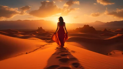 Fototapeten a young woman is walking through the desert at sunset © Oleksandr