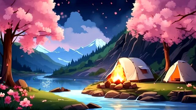 Serenity on the Mountain: A Spring Camping Adventure Amidst Stunning Natural Beauty. Seamless looping 4k time-lapse virtual video animation background