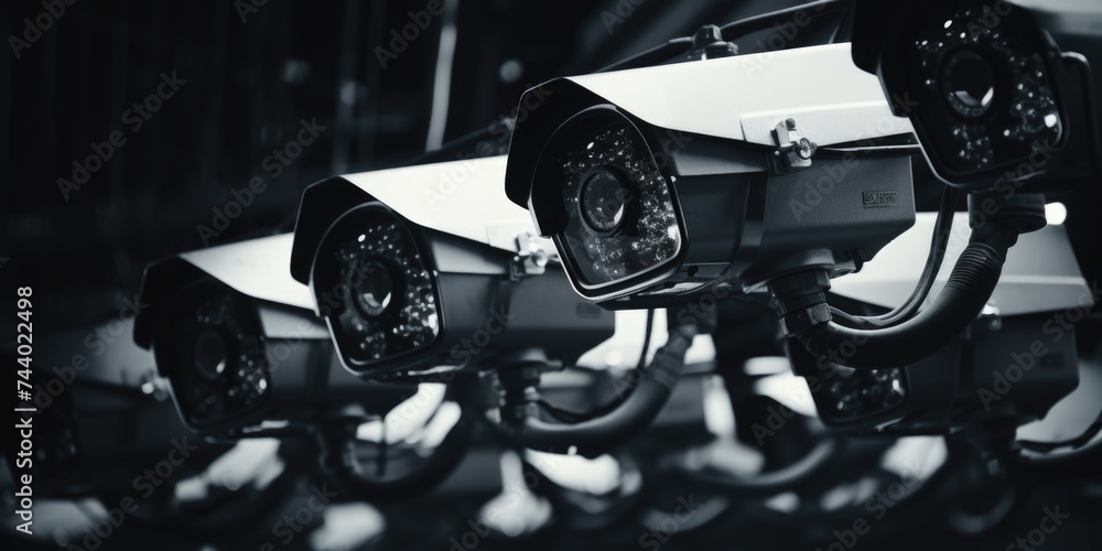 Poster a bunch of cameras mounted on a wall. suitable for security or surveillance concepts