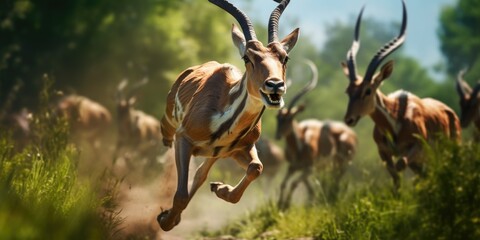 A herd of antelope running down a dirt road. Suitable for wildlife and nature concepts - obrazy, fototapety, plakaty