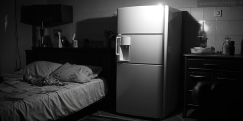 A minimalist black and white photo of a bed and a refrigerator. Suitable for interior design...