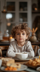 Young Child Seated at a Rustic Breakfast Table