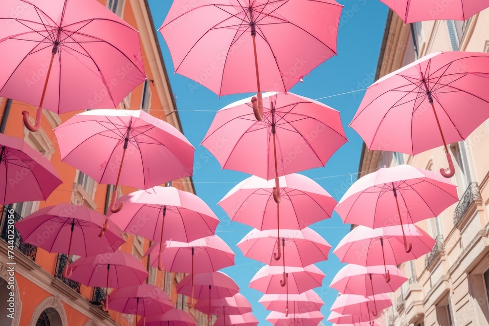 Poster a unique display of pink umbrellas hanging from the ceiling. perfect for interior design projects
