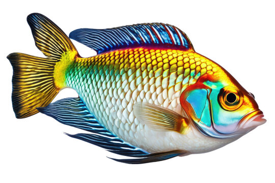 a high quality stock photograph of a single happy rainbow fish isolated on a white background