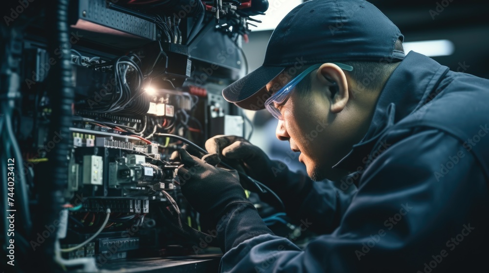 Poster a man working on an electrical device in a factory. suitable for industrial and technology concepts