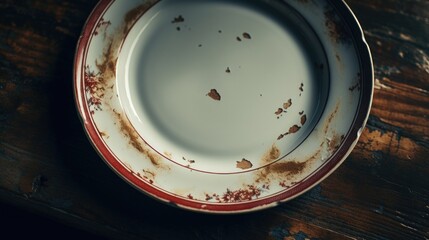 A dirty plate on a wooden table, suitable for food blog or restaurant menu
