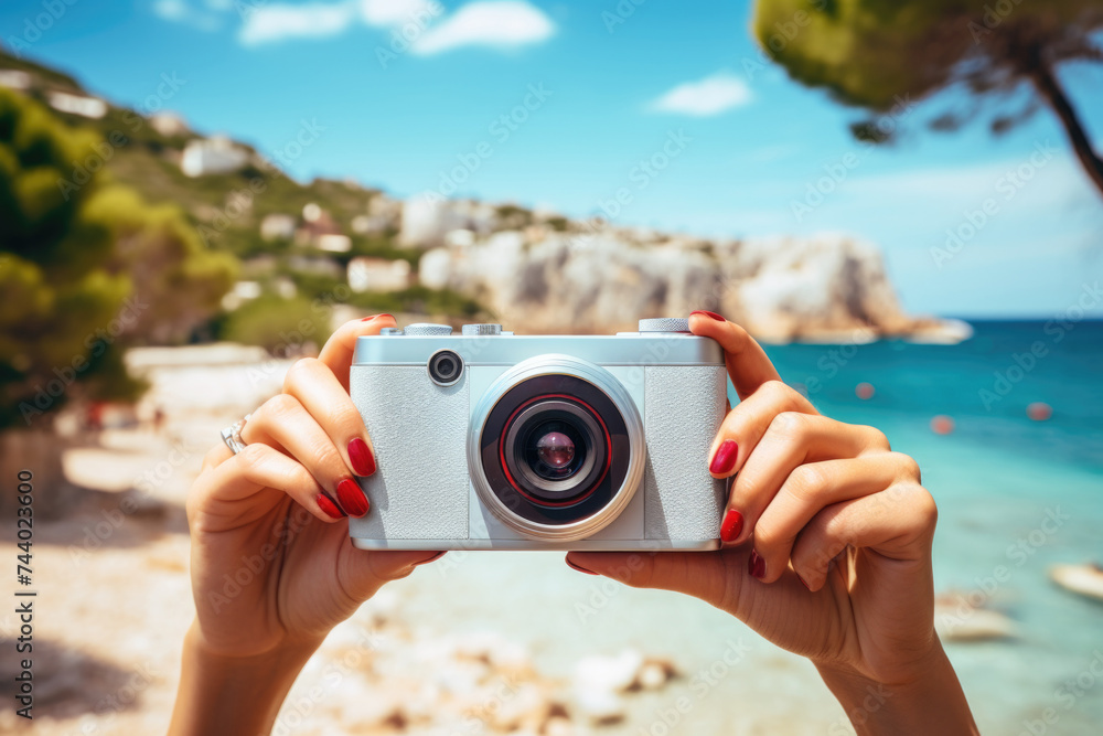 Poster a person capturing a moment with a camera. suitable for photography concepts