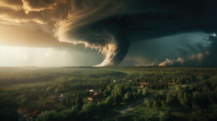 A large tornado cloud looming over a small town, ideal for weather or natural disaster concepts