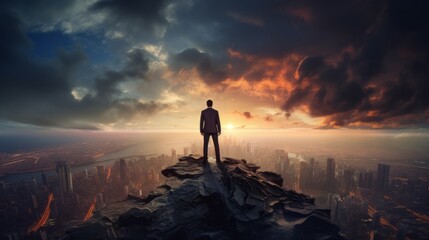 Businessman stands thoughtfully on a mountain overlooking a city with dramatic clouds in the sky - obrazy, fototapety, plakaty