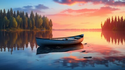 A peaceful sunset scene on a calm lake with reflections and a rowing boat - obrazy, fototapety, plakaty