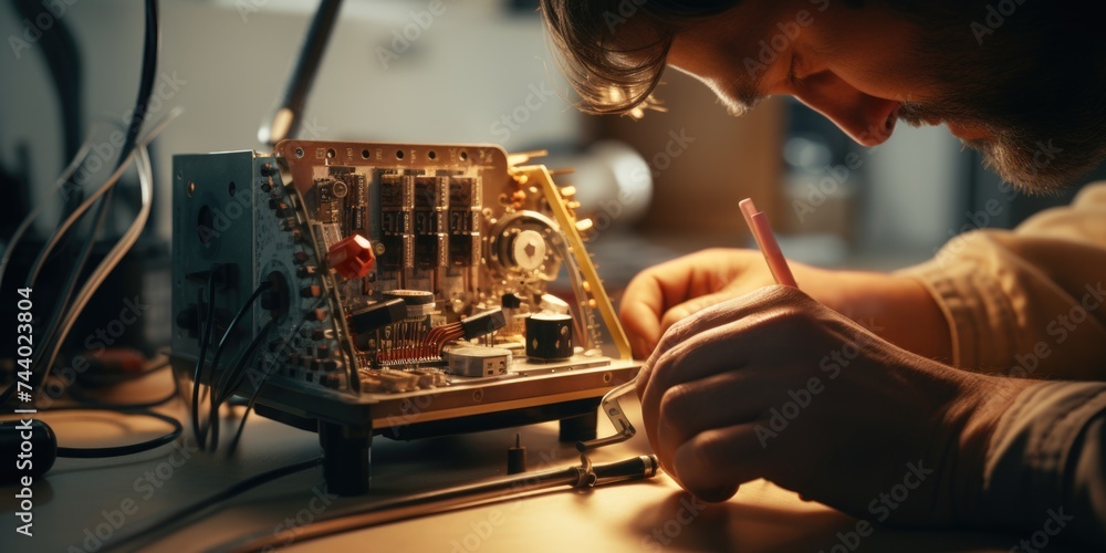 Aufkleber A man working on a circuit board with a pencil. Suitable for technology concepts