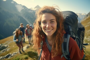 People hiking up a mountain, perfect for outdoor adventure promotions - obrazy, fototapety, plakaty