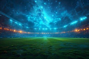 Realistic concept As the evening twilight descends, the stadium lights come alive, resembling a constellation - obrazy, fototapety, plakaty